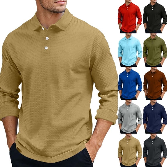 Men's Long Sleeve Polos Shirts Solid Color Button Turndown Collar Pullover Top Outfit Travel Wear