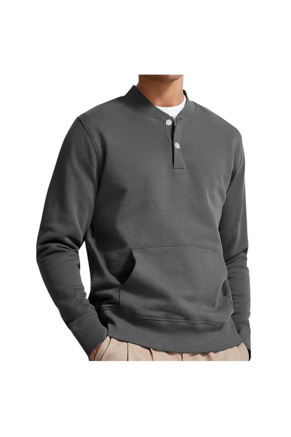 Men's Long Sleeve Pullover Henley Shirts Casual Loose Fit Sweatshirts Button V Neck Sweater Tops with Kangaroo Pocket