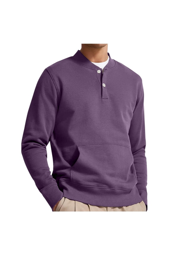 Men's Long Sleeve Pullover Henley Shirts Casual Loose Fit Sweatshirts Button V Neck Sweater Tops with Kangaroo Pocket