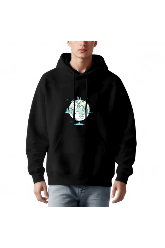 Men's Long Sleeve Pullover Hoodie - Black with Colorful Globe Graphic Airplanes & Clouds Front Pocket Stylish & Comfortable