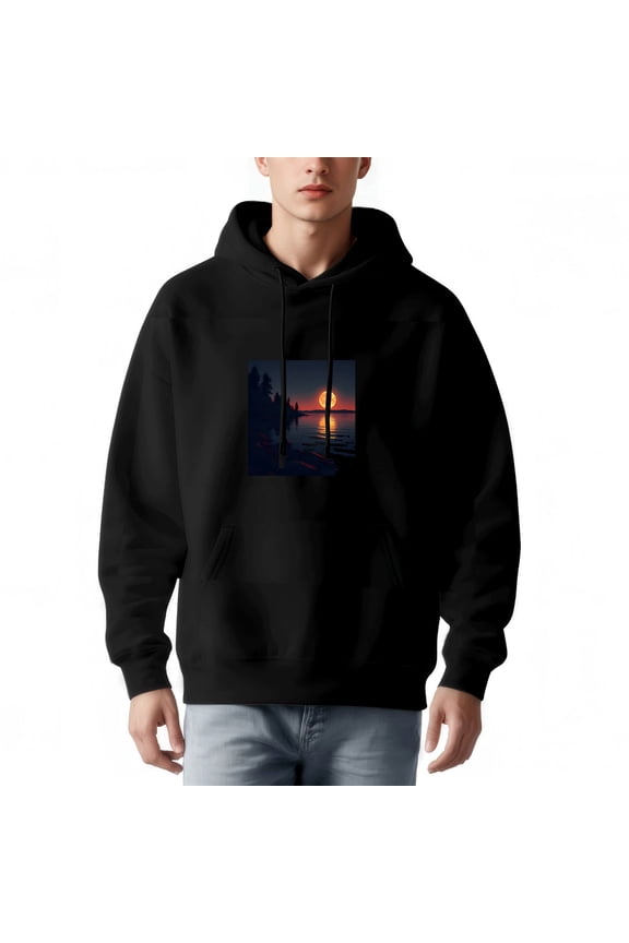 Men's Long Sleeve Pullover Hoodie - Black with Sunset Graphic Silhouetted Trees & Reflective Water Design Front Pocket & Drawstrings