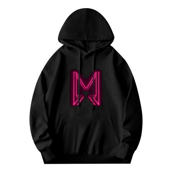 Men's Long Sleeve Pullover Hoodie - Modern Black with Neon Pink ' M ' Drawstring Hood & Front Kangaroo Pocket Stylish Casual Wear