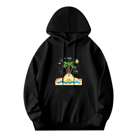 Men's Long Sleeve Pullover Hoodie - Tropical Palm Trees & Waves Design ' Vibrant ' Text Front Pocket Drawstrings