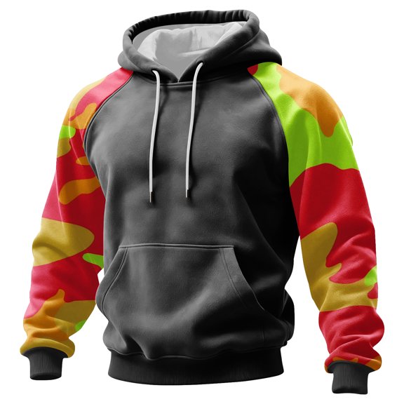 Men’s Long Sleeve Pullover Hoodie with Camouflage Pattern Raglan Sleeves and Adjustable Drawstring Hooded Sweatshirt Dark Gray L