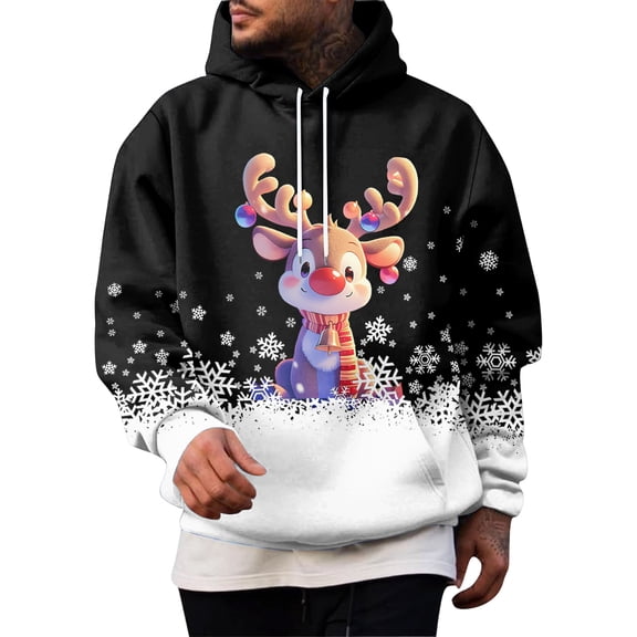 Men’s Long Sleeve Pullover Hoodie with Cartoon Reindeer Print and Snowflake Pattern Winter Casual Drawstring Hooded Sweatshirt Top Black XL