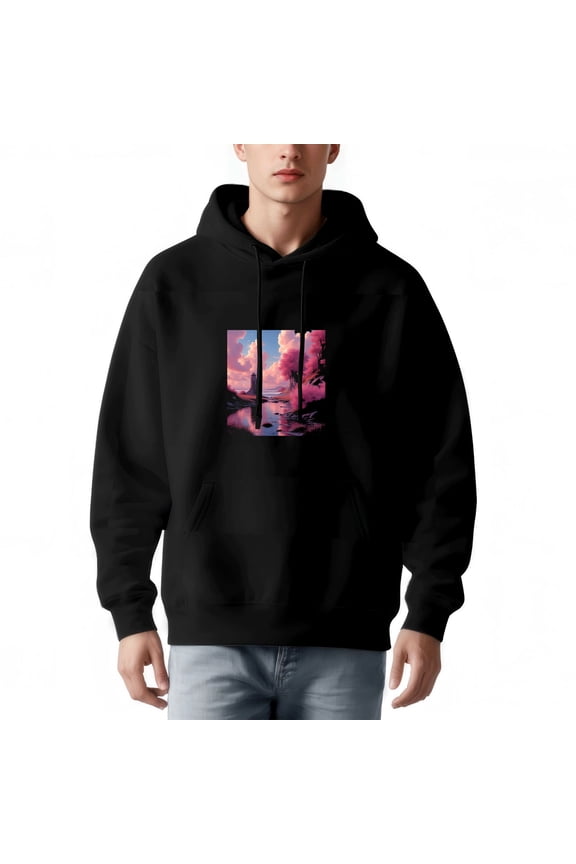 Men's Long Sleeve Pullover Hoodie with Front Pocket - Artistic Square Design of Serene Landscape Pink & Blue Clouds Modern Style