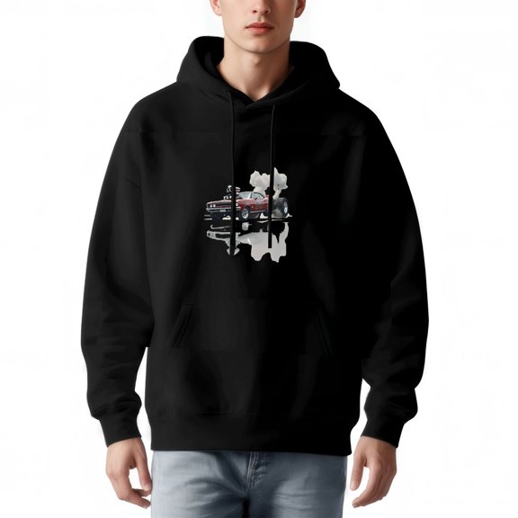 Men's Long Sleeve Pullover Hoodie with Front Pocket - Black Hoodie featuring a Red Car Graphic with Reflective Surface and Mist Design