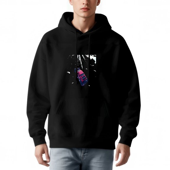 Men's Long Sleeve Pullover Hoodie with Front Pocket Black with Red & Blue Car Graphic on White Background Starry Design