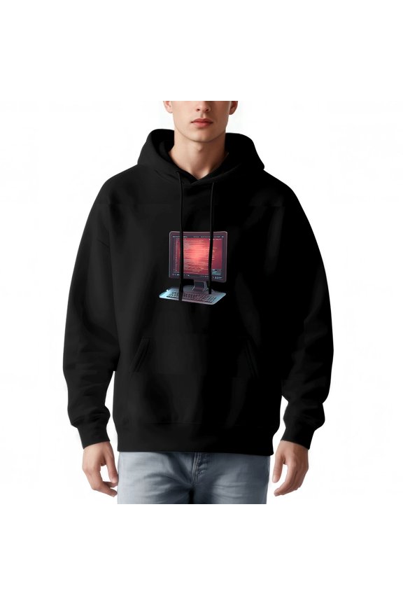 Men's Long Sleeve Pullover Hoodie with Front Pocket Black with Red Code Graphic on Computer Monitor Stylish and Comfortable