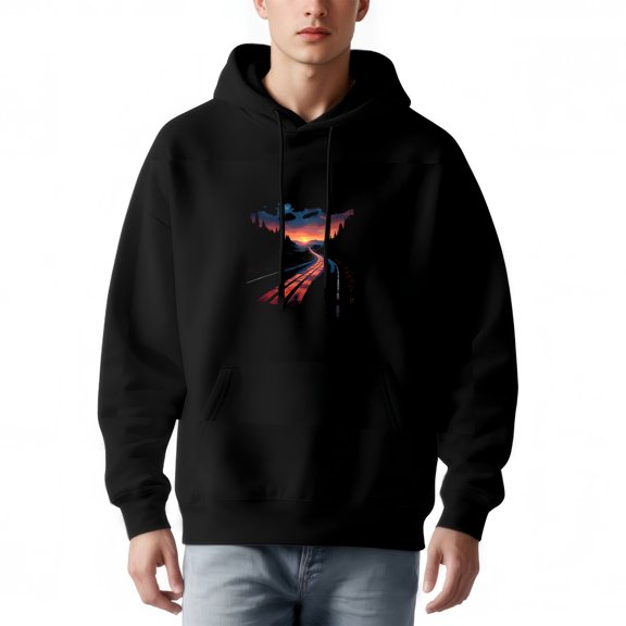 Men's Long Sleeve Pullover Hoodie with Front Pocket - Colorful Winding Road Sunset Graphic with Mountains & Trees Design