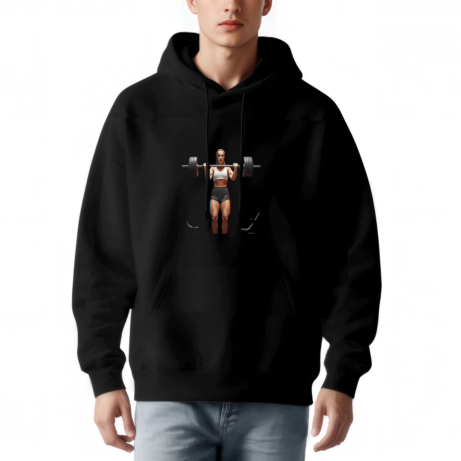 Men's Long Sleeve Pullover Hoodie with Front Pocket Graphic Weightlifter Design Simple Black Gym Sweatshirt