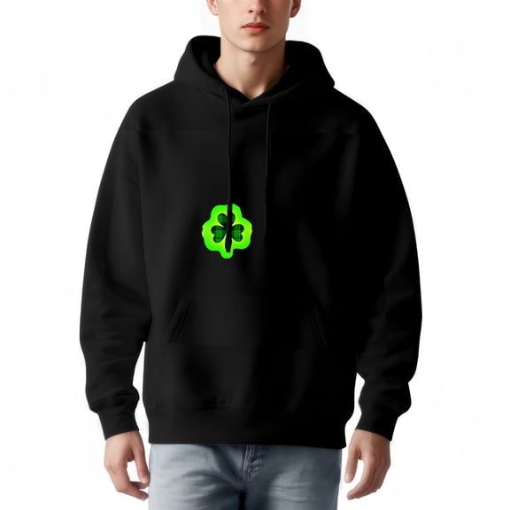 Men's Long Sleeve Pullover Hoodie with Front Pocket Relaxed Fit Green Design Curved Drawstrings Casual Sweatshirt