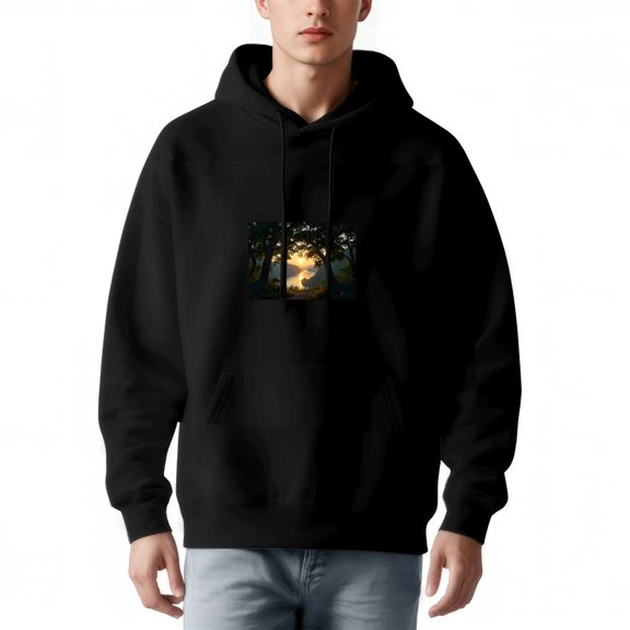 Men's Long Sleeve Pullover Hoodie with Front Pocket - Serene Forest Graphic Design with Golden Light Stylish Casual Wear