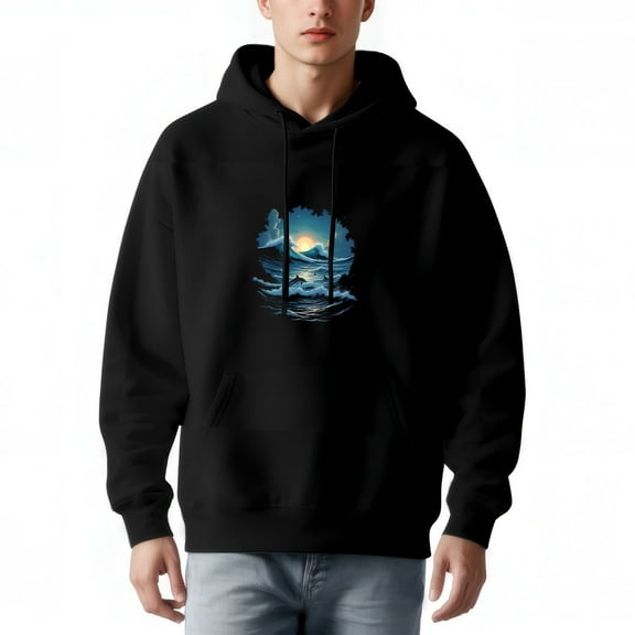 Men's Long Sleeve Pullover Hoodie with Front Pocket - Serene Night Landscape Graphic of Mountains and Reflective Water