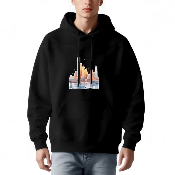 Men's Long Sleeve Pullover Hoodie with Front Pocket - Urban City Skyline Graphic in Vibrant Orange and Blue Modern Design