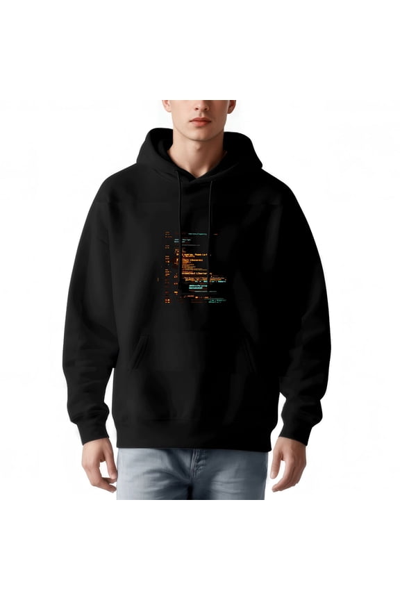 Men's Long Sleeve Pullover Hoodie with Kangaroo Pouch Features Eye - Catching Orange & Blue Code-Inspired Graphic Design