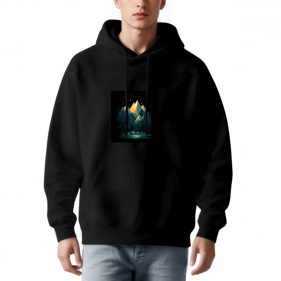 Men's Long Sleeve Pullover Hoodie with Pocket - Black Reflection Design Glowing Yellow Starry Night
