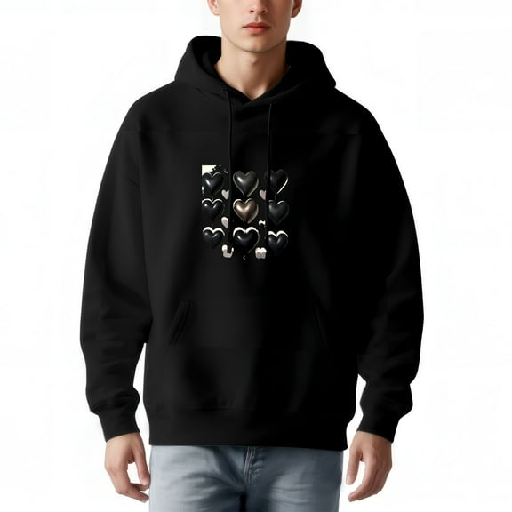 Men's Long Sleeve Pullover Hoodie with Pockets - Black Hoodie featuring Clustered Gold & Black Heart Design Relaxed Fit