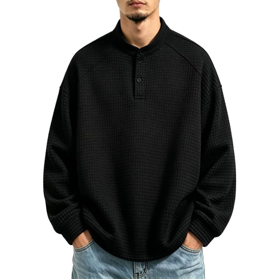 Men's Long Sleeve Pullover Stand Collar Raglan Sweatshirt Loose Casual Tops for Daily Travel Street Weekend Leisure Outfits Black L