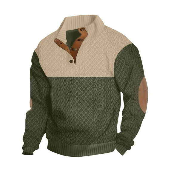 Men's Long Sleeve Pullover Sweater with Buttons Jacquard Knit Sweatshirt Stand Collar Color Block Fall Winter Tops (XL, Army Green)
