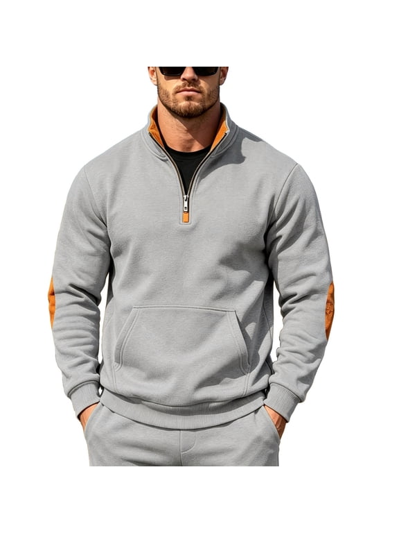 Men's Long Sleeve Quarter Zip Pullover Lined Mock Neck Sweatshirt Color Block Elbow Patch Casual Top Big Tall Relaxed Fit Warm Thermal for Fall Winter Daily Fashion Wear Light Gray M