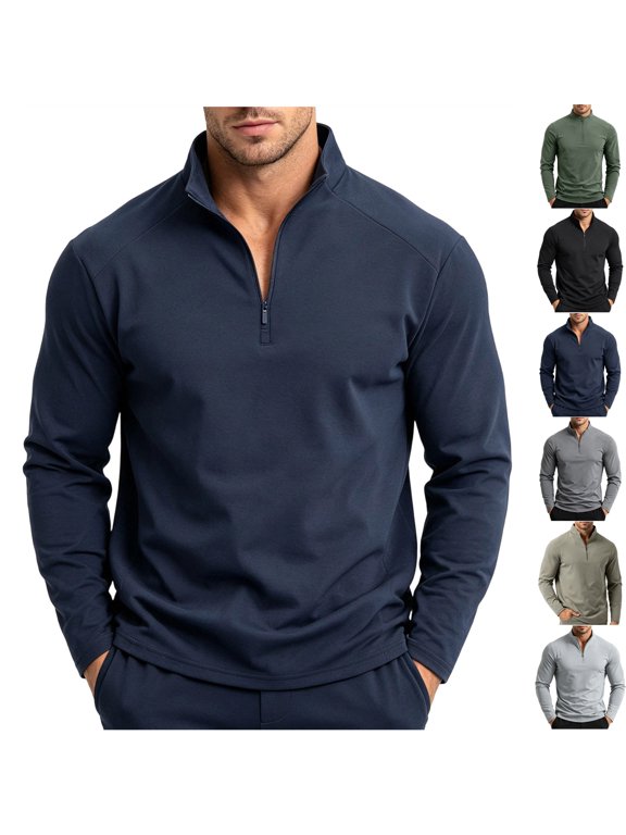 Men's Long Sleeve Quarter Zip Pullover Tech Stretch Mock Neck Athletic Sweatshirt Quick Dry Golf Midlayer for Outdoor Workout Running, Dark Blue, XL