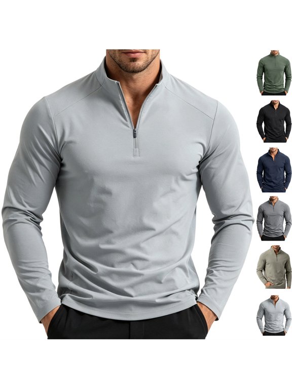 Men's Long Sleeve Quarter Zip Pullover Tech Stretch Mock Neck Athletic Sweatshirt Quick Dry Golf Midlayer for Outdoor Workout Running, Light Blue, M