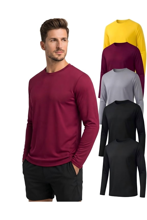 5 Pack Men's UPF 50+ UV Sun Protection Long Sleeve Shirts, Moisture Wicking Athletic Workout Tops for Fishing Beach L