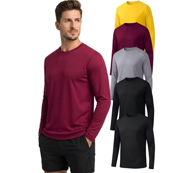 5 Pack Men's UPF 50 UV Sun Protection Long Sleeve Shirts, Moisture Wicking Athletic Workout Tops for Fishing Beach M