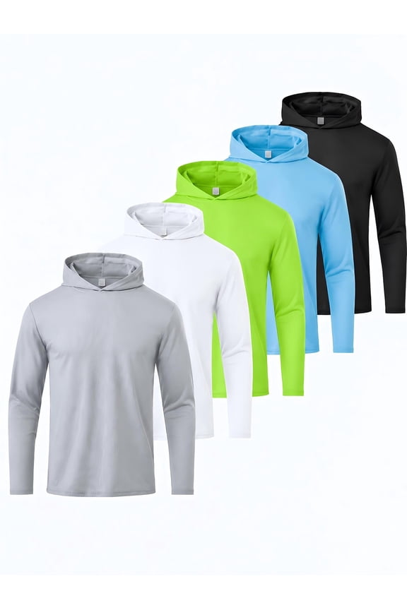 5 Pack :Men's Hooded UPF 50+ Sun Protection Long Sleeve UV Shirts Fishing Beach Athletic Workout,L