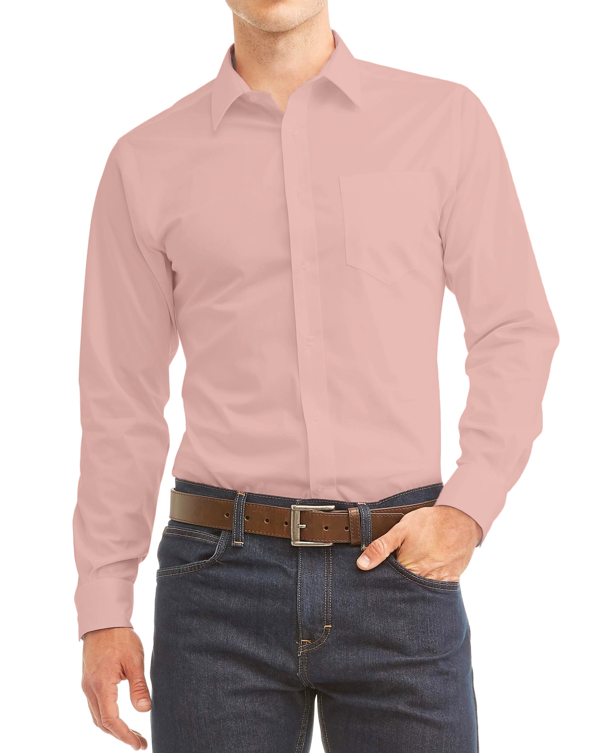 Zennyo Men's Long Sleeve Regular Fit Button Up Pocket Solid Standard Cuff Dress Shirt, Size: 2XL (18-18 ) Sleeve 36/37, Pink