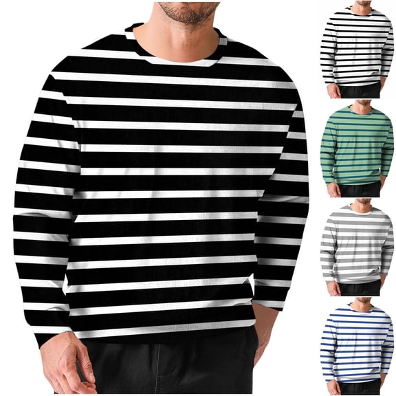 Men's Long Sleeve Ribbed Knit Shirts Crew Neck Striped Pullover Tees Regular Fit Stretchy Tops Lightweight Sweater
