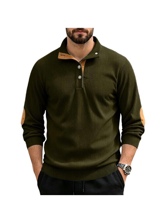 Men's Long Sleeve Ribbed Polo Pullover, Lapel Button Collar Top with Elbow Patch, Relaxed Loose Fit Soft Shirt, Casual Business Apparel for Autumn Winter Daily Travel Outdoor Green 3XL