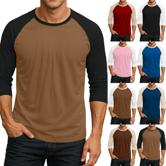 Men's Long Sleeve Round Neck Contrast Color Raglan Three Quarter Sleeve T-Shirt Top for Spring Fall Active Wear,Light Brown,XL