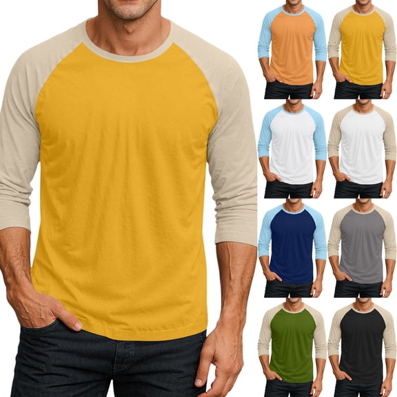 Men's Long Sleeve Round Neck Contrast Color Raglan Three Quarter Sleeve T-Shirt Top for Spring Fall Athleisure,White,M