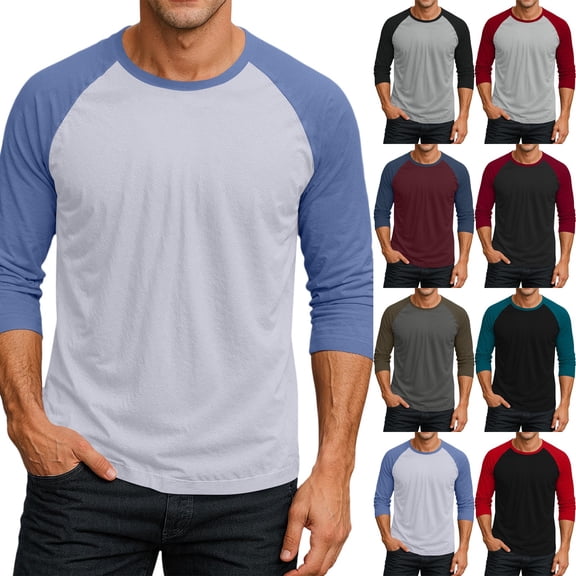 Men's Long Sleeve Round Neck Contrast Color Raglan Three Quarter Sleeve T-Shirt Top for Spring Fall Weekend Outfit,Blue,S
