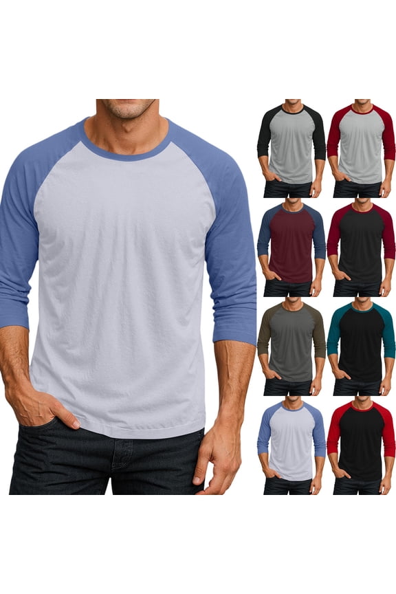 Men's Long Sleeve Round Neck Contrast Color Raglan Three Quarter Sleeve T-Shirt Top for Spring Fall Weekend Outfit,Navy,S
