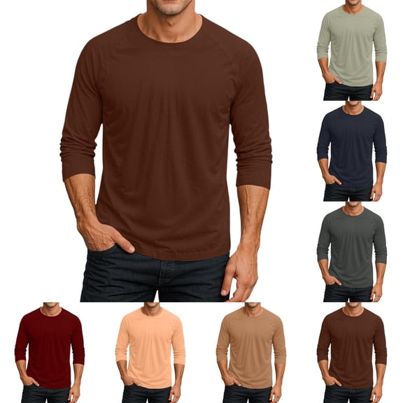 Men's Long Sleeve Round Neck Raglan Three Quarter Sleeve T-Shirt Top for Spring Fall Relaxed Look,Deep Red,S