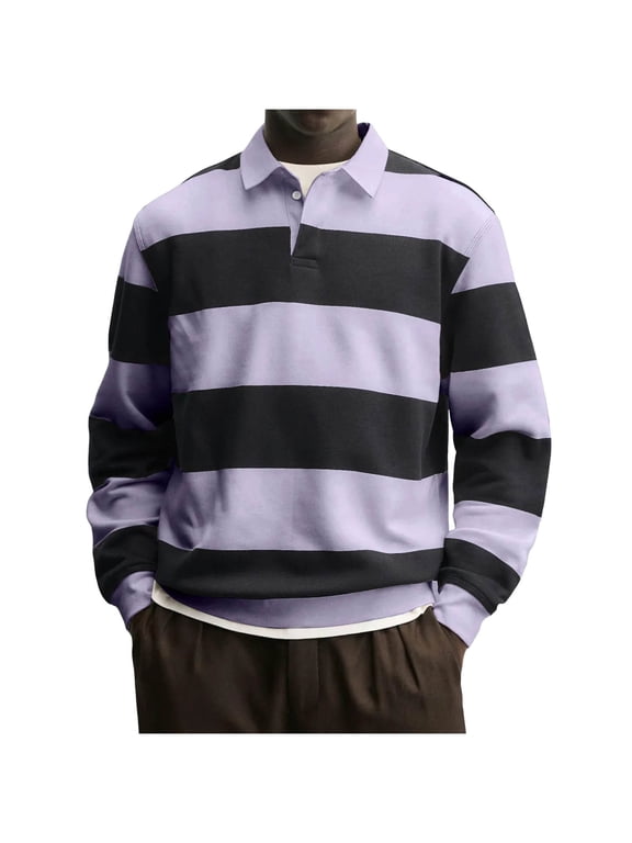 Men's Long Sleeve Rugby Polos Shirt Striped Button Down Collared Tops Turn Down Collar,for Casual Business,Performance,Golf Work Shirts,Loose Fit,Cotton Blend