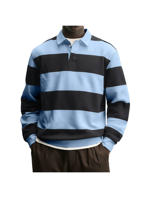 Men's Long Sleeve Rugby Polos Shirt Striped Button Down Collared Tops Turn Down Collar,for Casual Business,Performance,Golf Work Shirts,Loose Fit,Cotton Blend