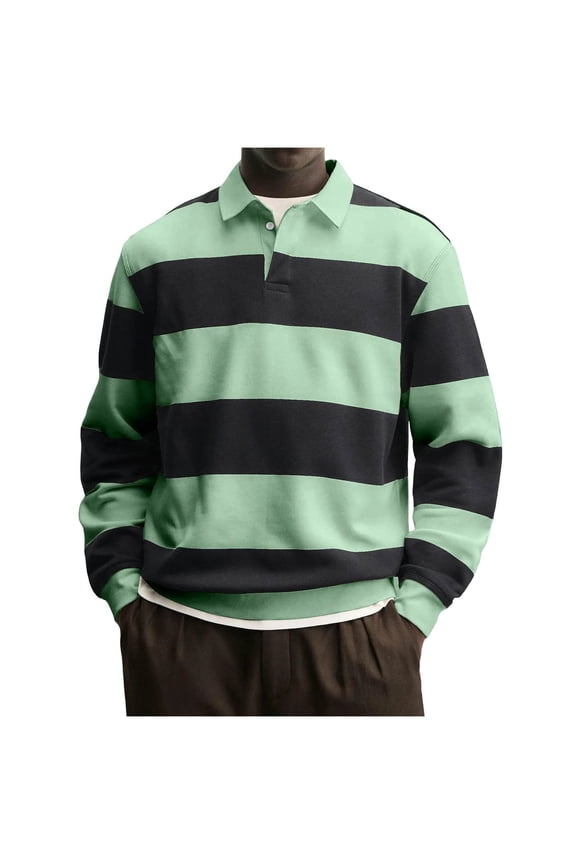 Men's Long Sleeve Rugby Shirt Striped Button Down Collared Top For Casual Business Performance Golf Work Shirt