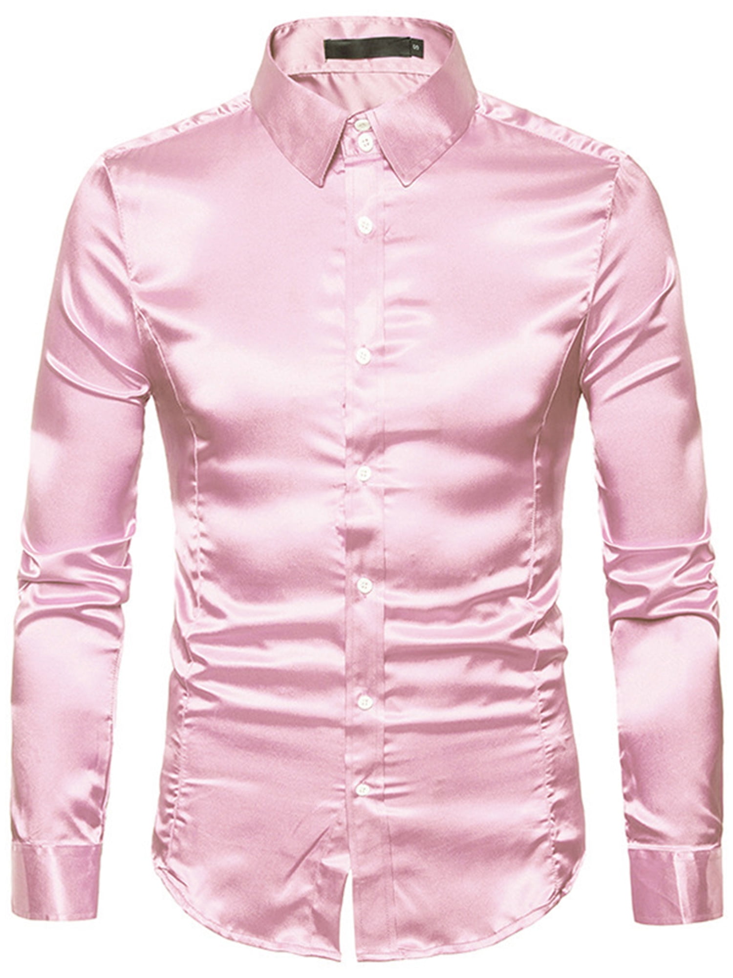 Men's Long Sleeve Satin Dress Shirt Solid Slim Fit Casual Business