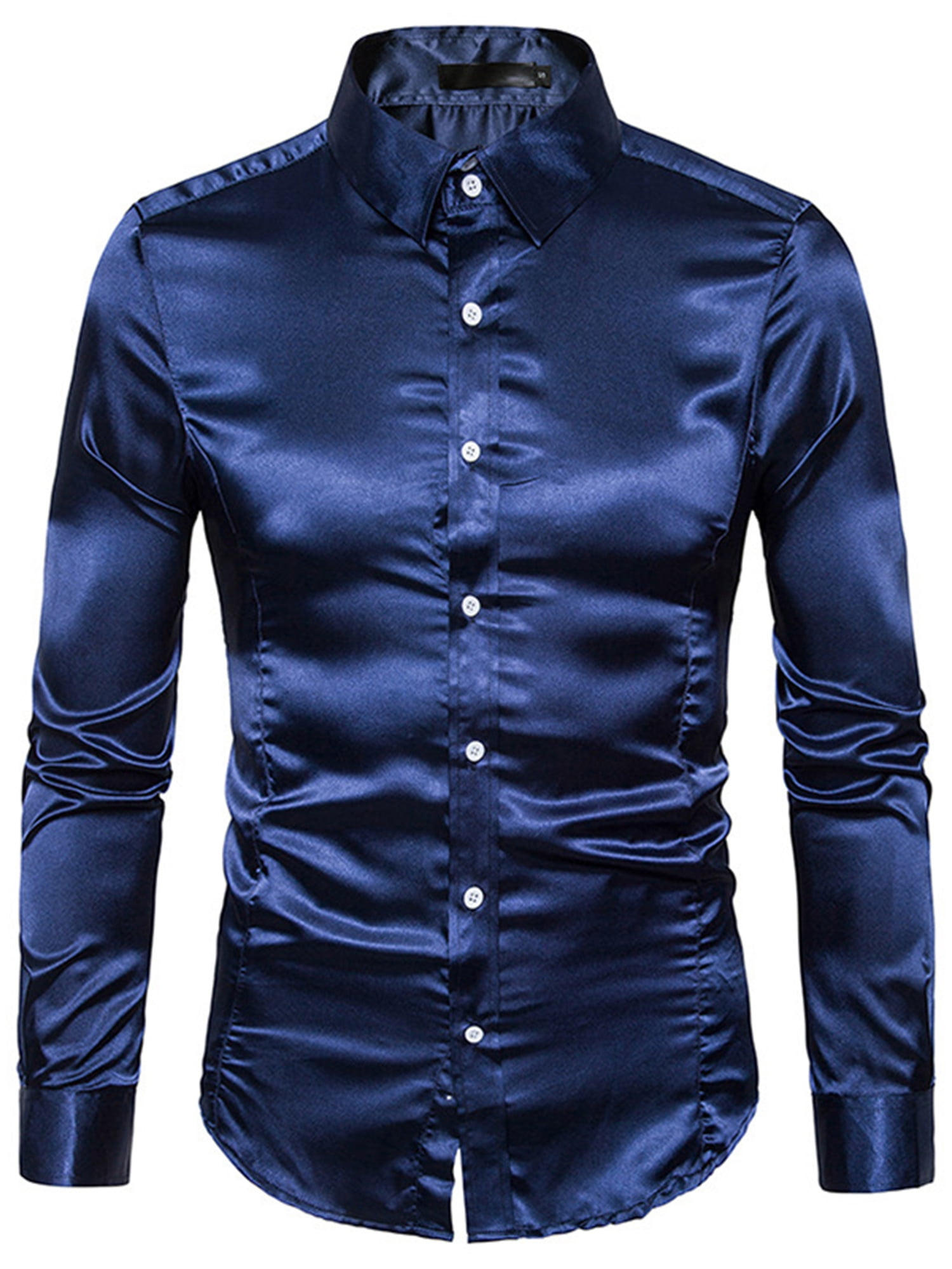 Men's Long Sleeve Satin Dress Shirt Solid Slim Fit Casual Business ...