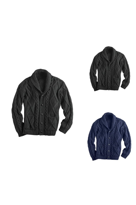 Men's Long Sleeve Shawl Collar Knit Sweater Coat, Casual Warm Open Front Cardigan Jacket with Buttons Down Cable Knit Design
