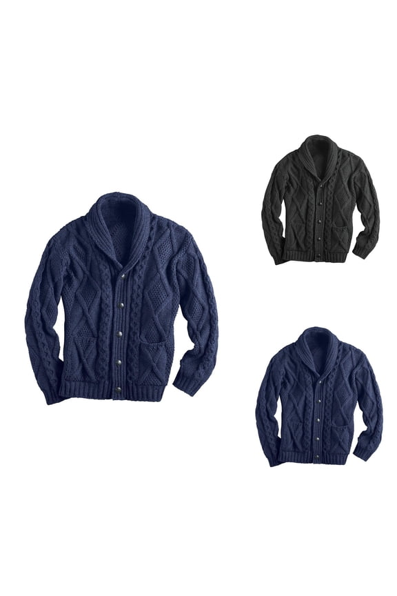 Men's Long Sleeve Shawl Collar Knit Sweater Coat, Casual Warm Open Front Cardigan Jacket with Buttons Down Cable Knit Design