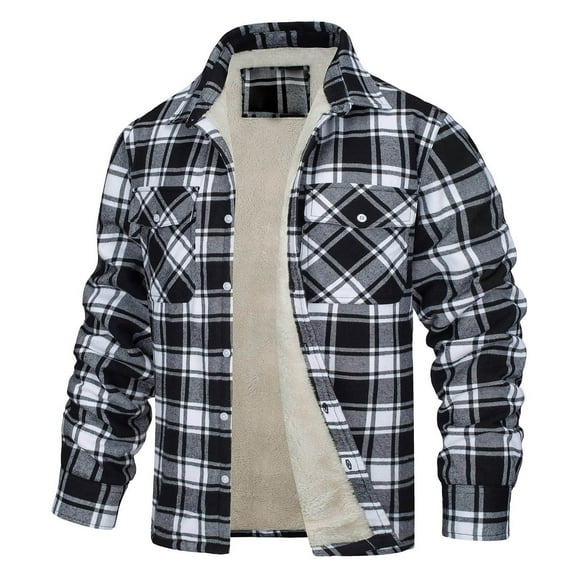 Men's Long Sleeve Sherpa Lined Shirt Jacket Flannel Plaid Fleece Coats Button Up Shirt Warm Winter Coat Black L