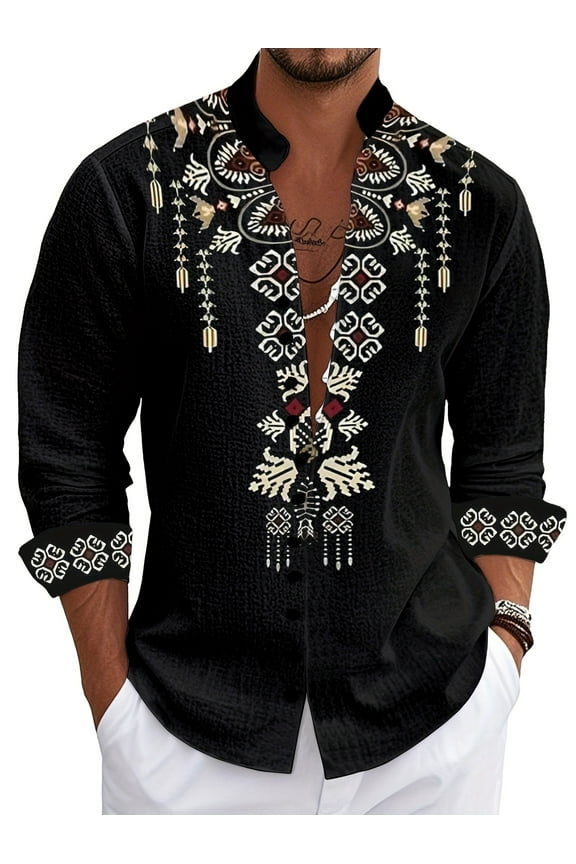 Men's Long Sleeve Shirt Band Collar Button Down Shirts Oxford Dress Shirt Black L