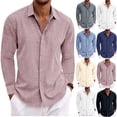 thumbnail image 1 of Men's Long Sleeve Shirt Button Down Collar Loose Fit Cotton Linen Solid Color for Spring Fall Comfort Wear,Pink,L, 1 of 8