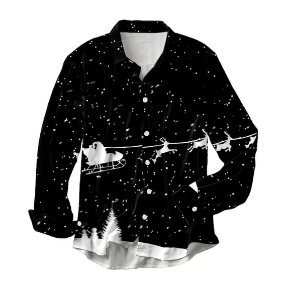 Men's Long Sleeve Shirt - Christmas Themed Stylish Lapel Print Shirt for Autumn and Winter Wear