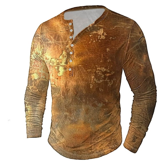 Men's Long Sleeve Shirt Print Button Loose Pullover Top For Men Fashion Fall Oversized Crew Neck Casual Blouses (Gold 2XL)